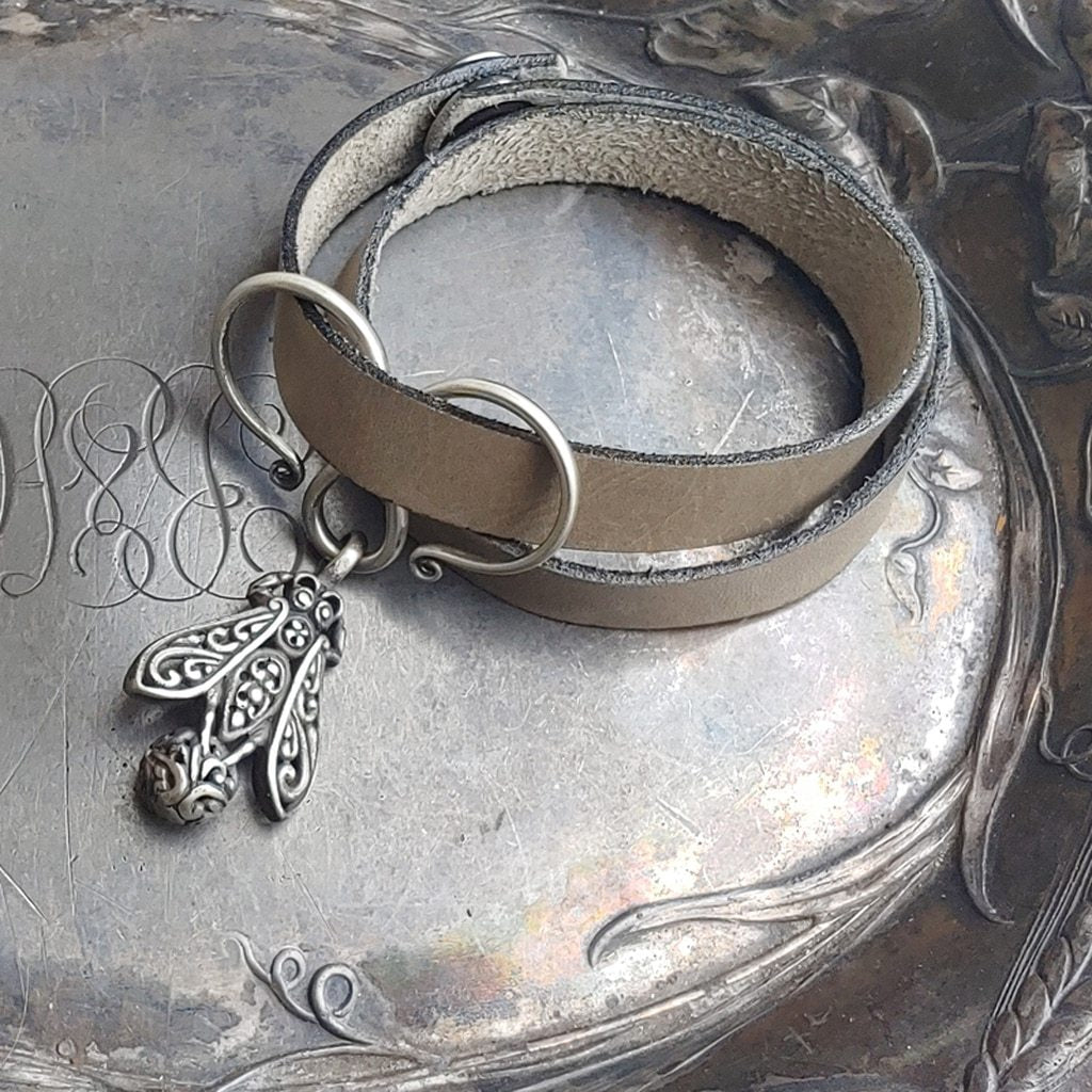 Honeybee Charm Lock Double-Wrap Leather Shawl Cuff