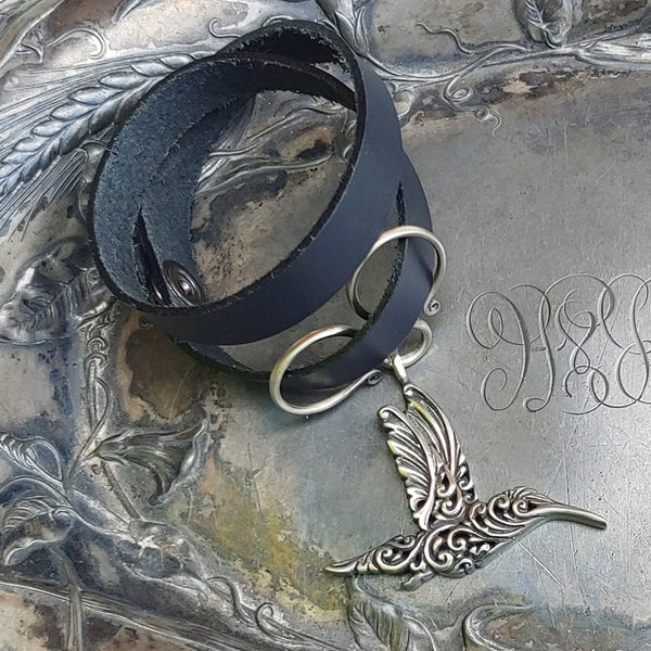 Hummingbird Charm Lock Double-Wrap Leather Shawl Cuff