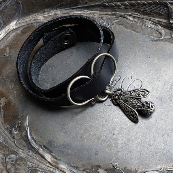 Honeybee Charm Lock Double-Wrap Leather Shawl Cuff