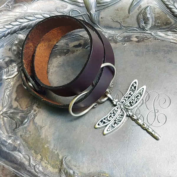 Dragonfly Charm Lock Double-Wrap Leather Shawl Cuff