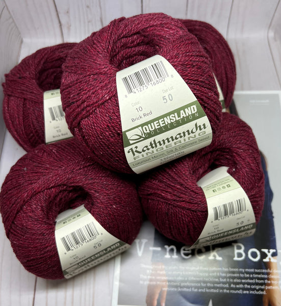 Sweater Deal:  V Neck Boxy Sweater Knitting Kit - Kathmandhu Fingering - Brick - Up to 4XL